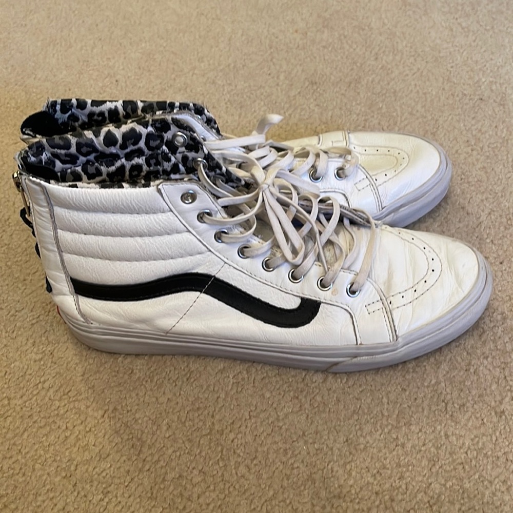 White leather high top Vans
